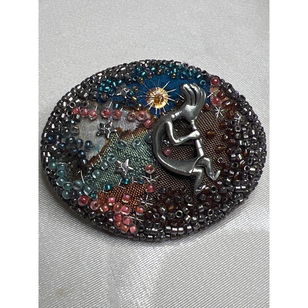 Oval Handmade brooch pin (1997) - beads Suede/leather